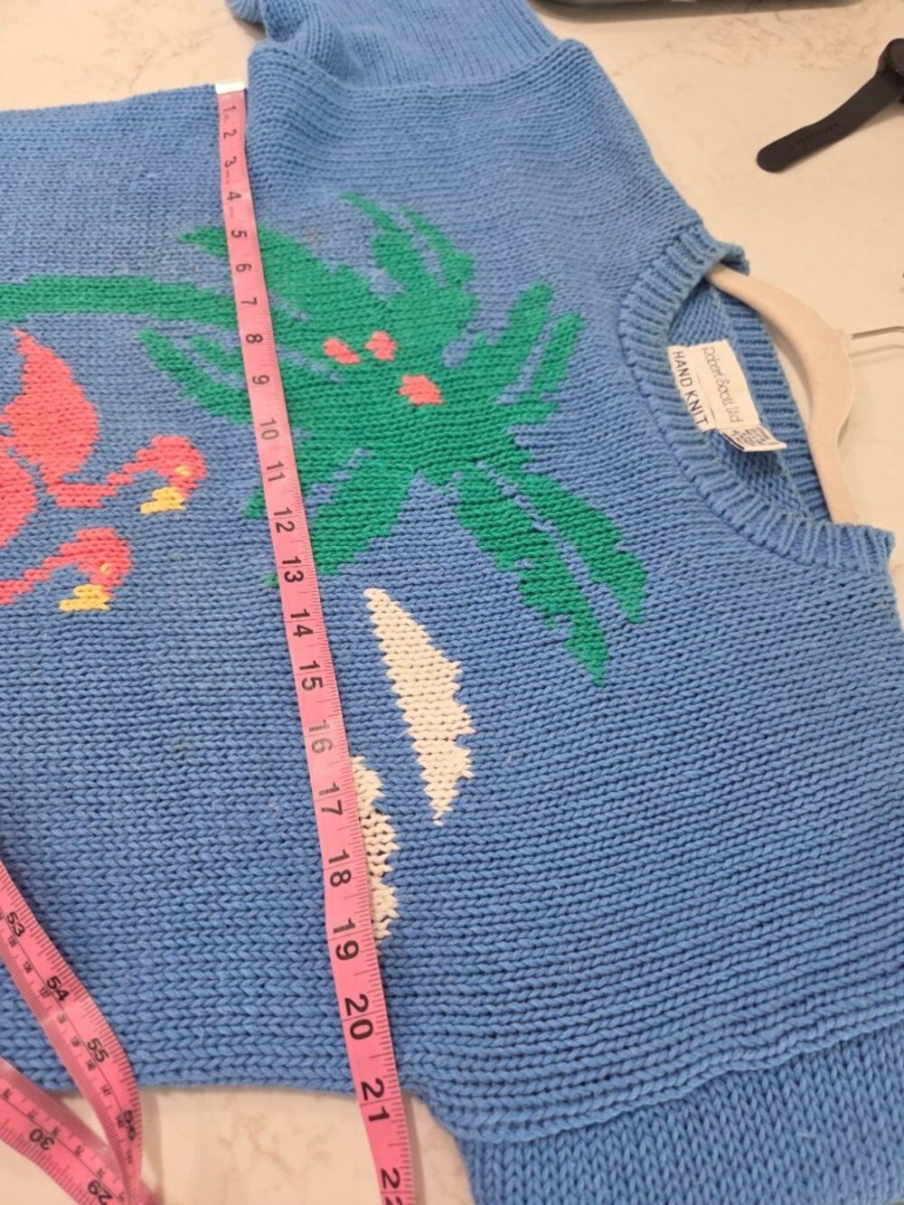 Vtg Robert Scott Hand Knit Sweater L 90s Flamingo Palm Tree Tropical Novelty - Picture 9 of 10